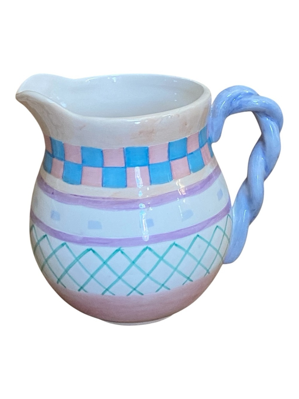Lotus Womens Vintage Hand Painted Whimsical Pitcher 1996 Checkered Cottage Core - Picture 3 of 6